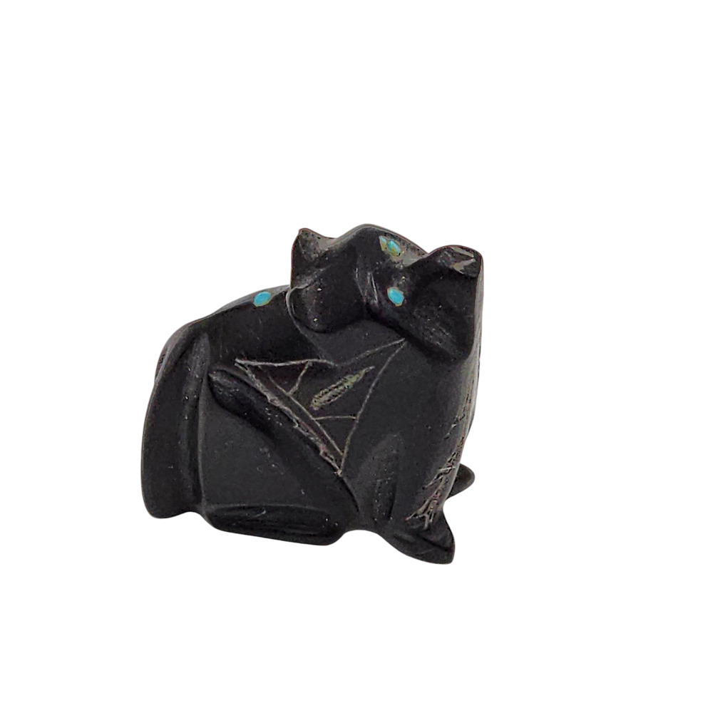 Native American Zuni Black Marble Bear Fetish Carved Stone Signed Turquoise - Picture 5 of 16